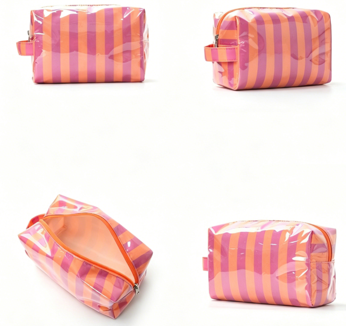 Set of four striped cosmetic bags in pink and orange on a white background