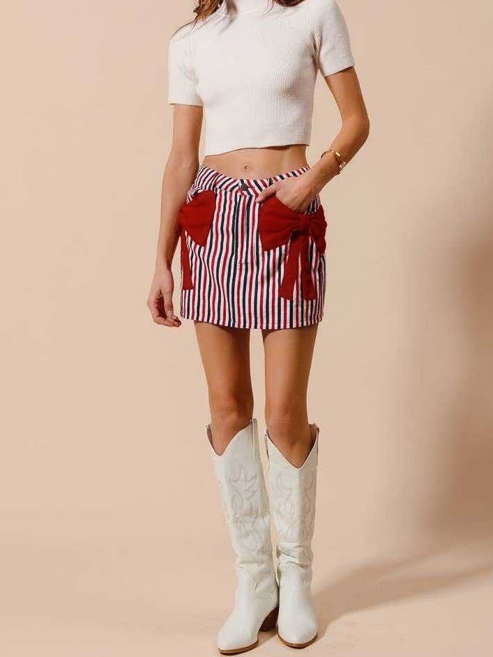 Colorblock Stripe Patriotic Bow Denim Skirt