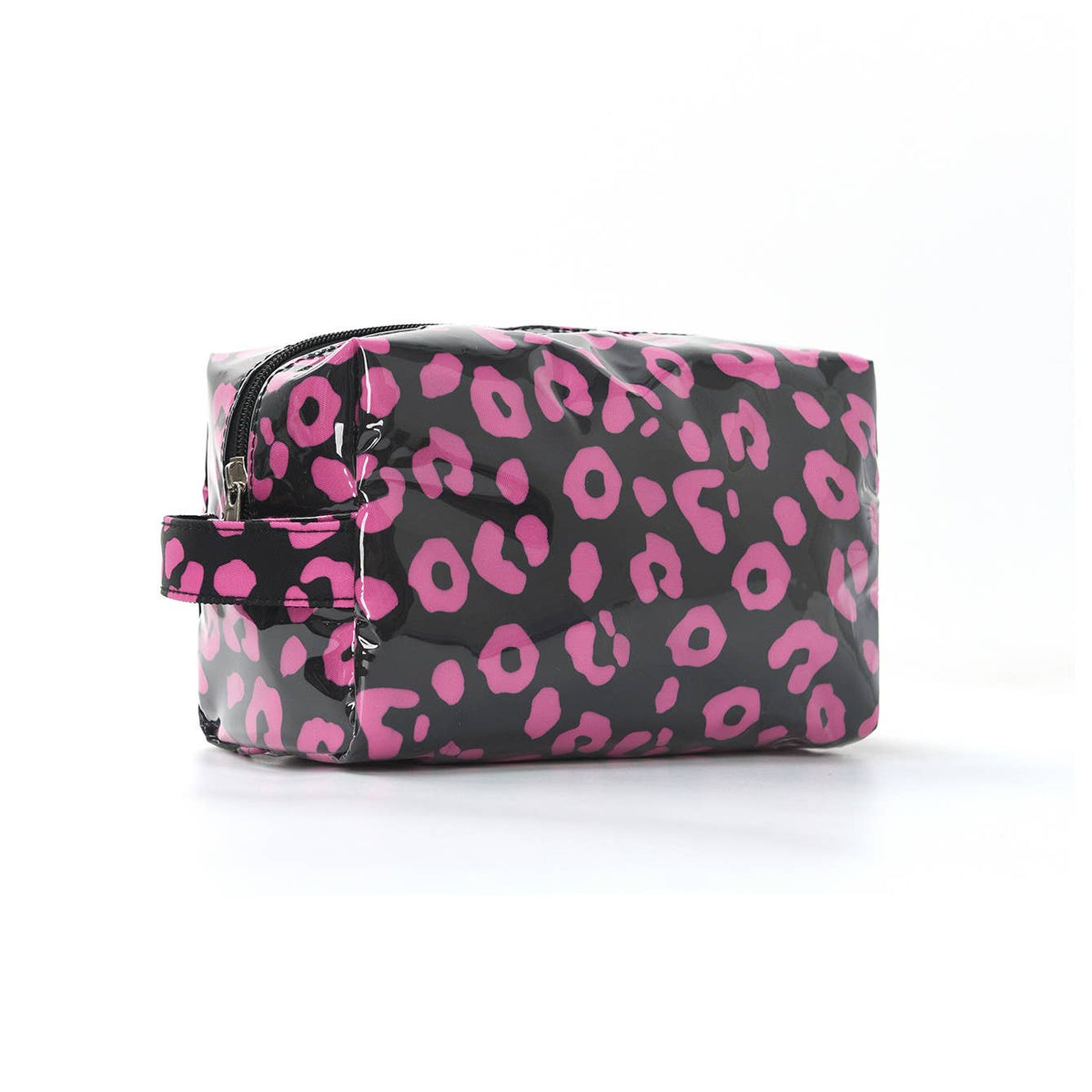 Black cosmetic bag with pink leopard print pattern on a white background