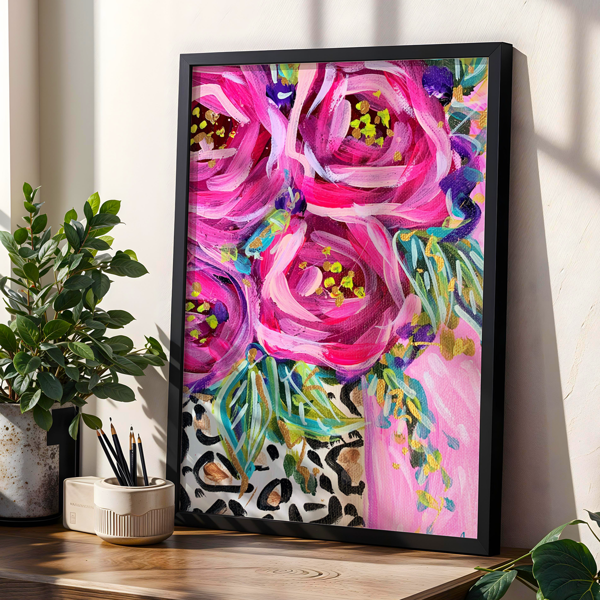 Roses Leopard Floral Art Print, Cheetah Maximalist Art, Dopamine Decor, Trendy Colorful Wall Poster