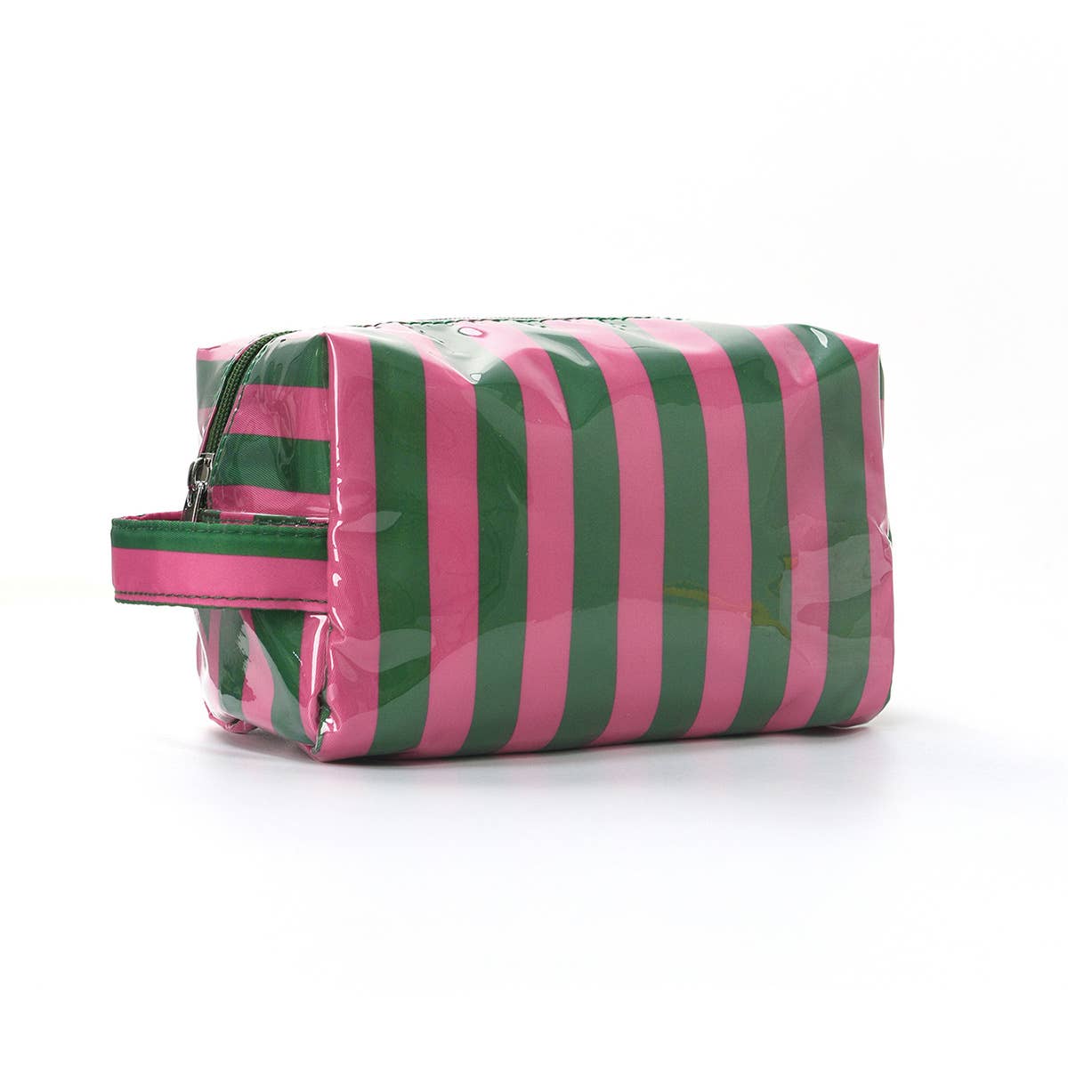 Green and pink striped toiletry bag on a white background