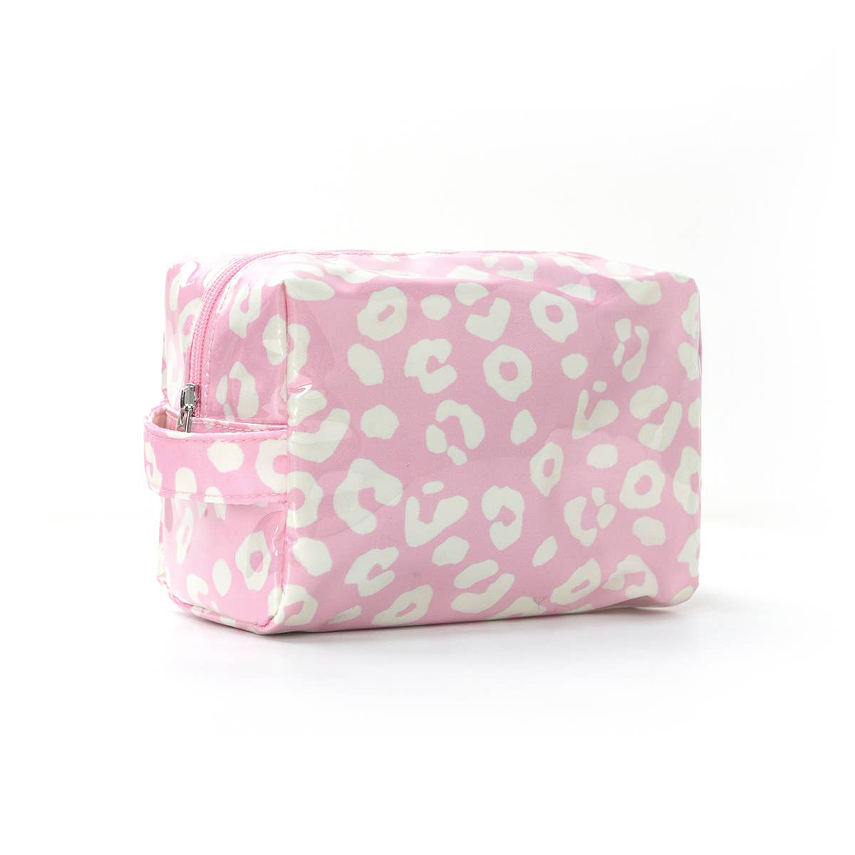 Pink cosmetic bag with white leopard print pattern on a white background