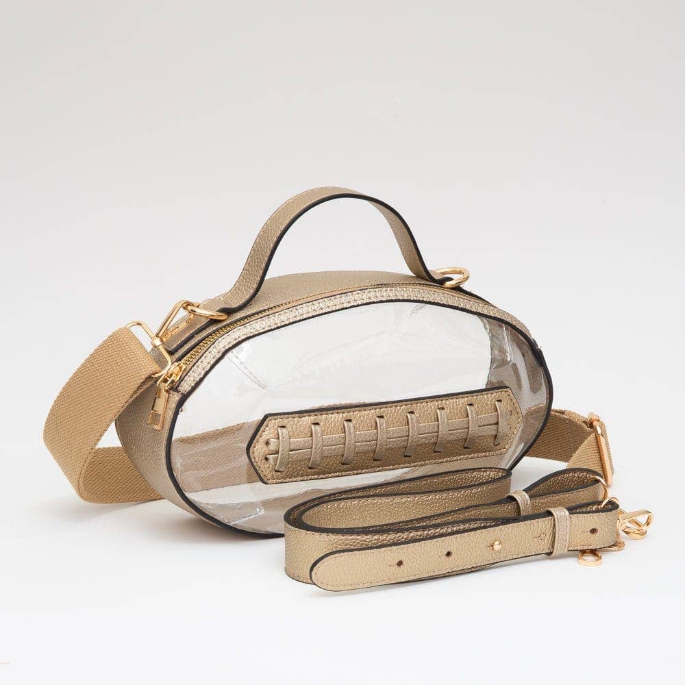 Beige handbag with clear front panel on a light gray background
