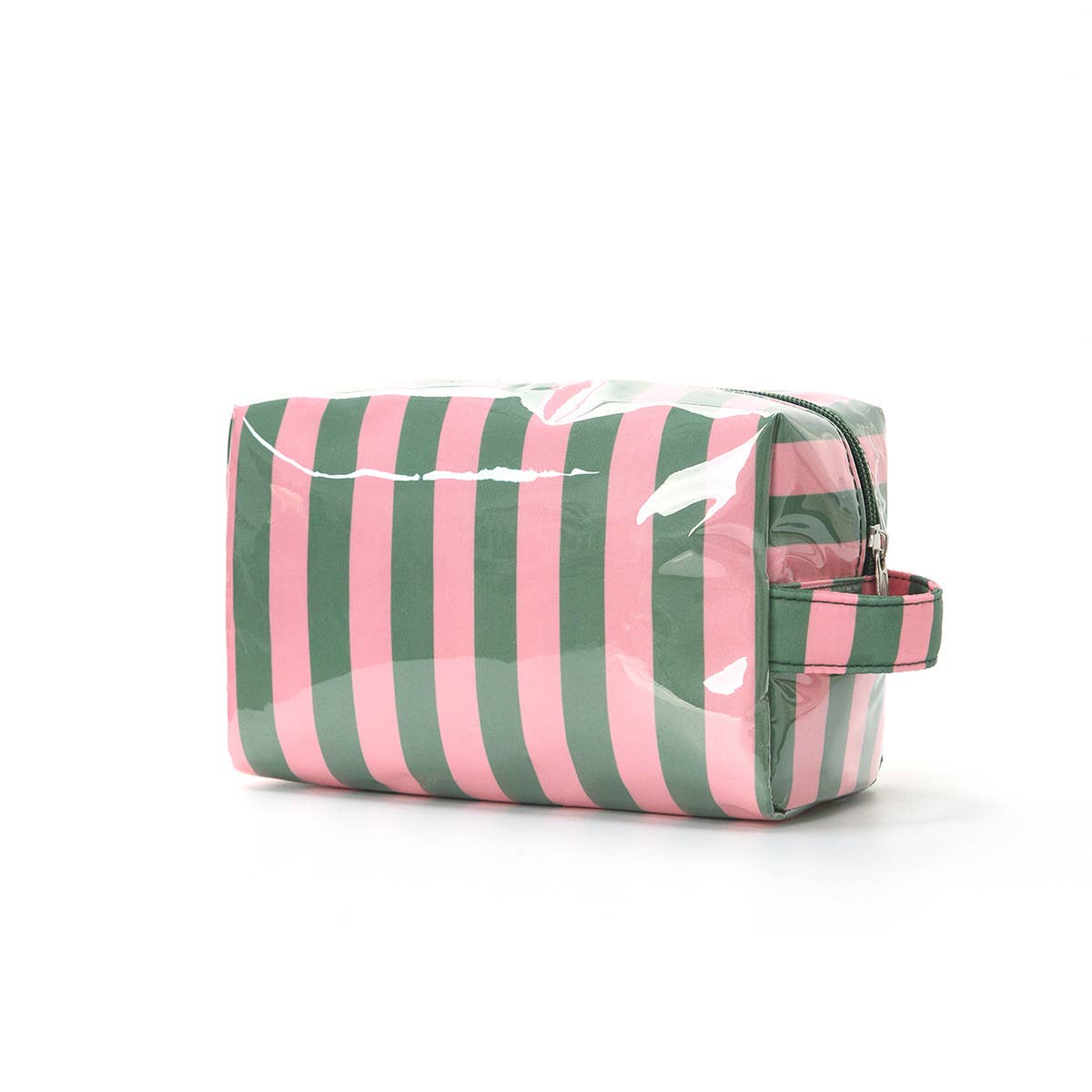 Pink and green striped toiletry bag on a white background