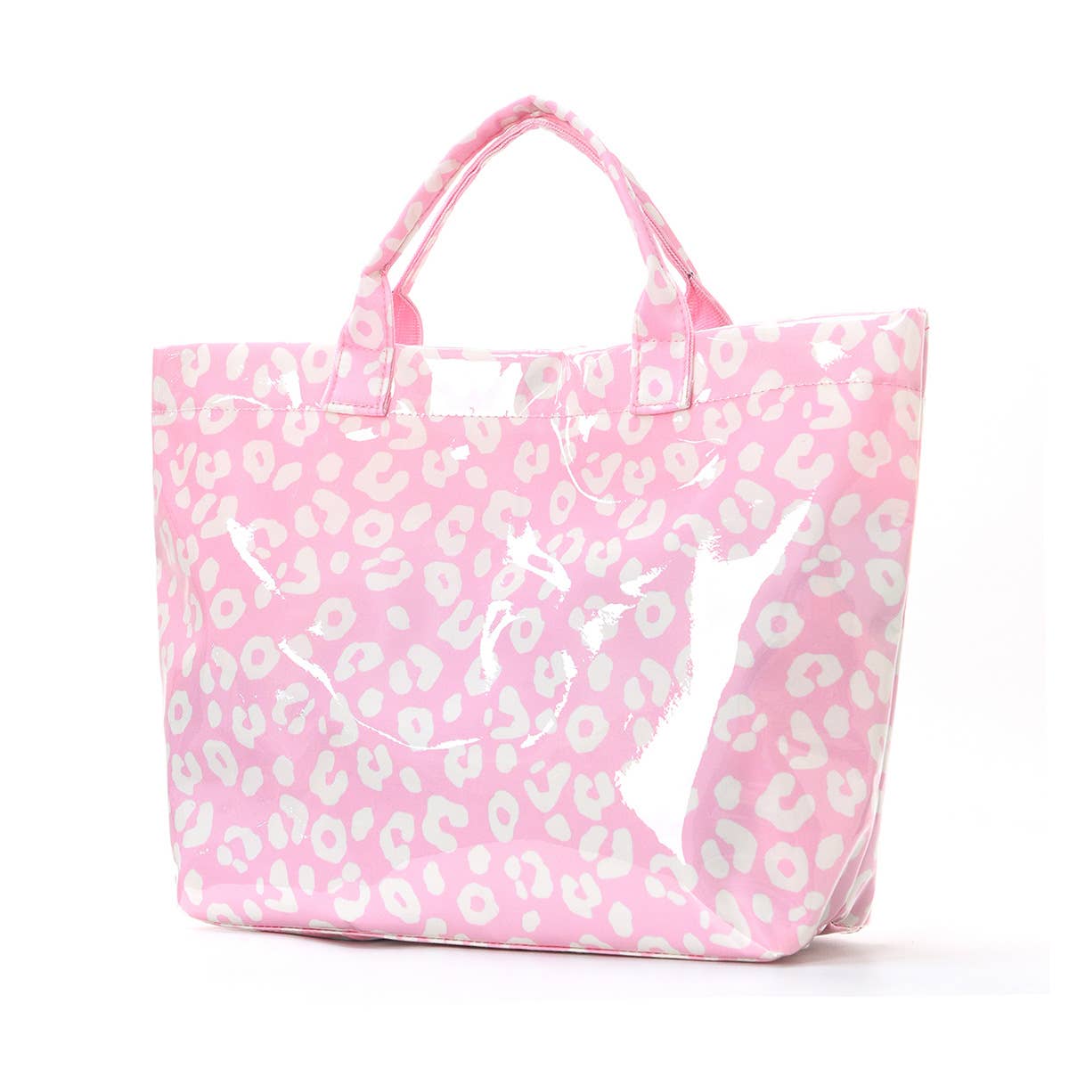 Pink tote bag with white leopard print pattern on a white background