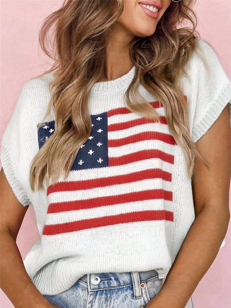 Cap Sleeve American Flag Knit Top