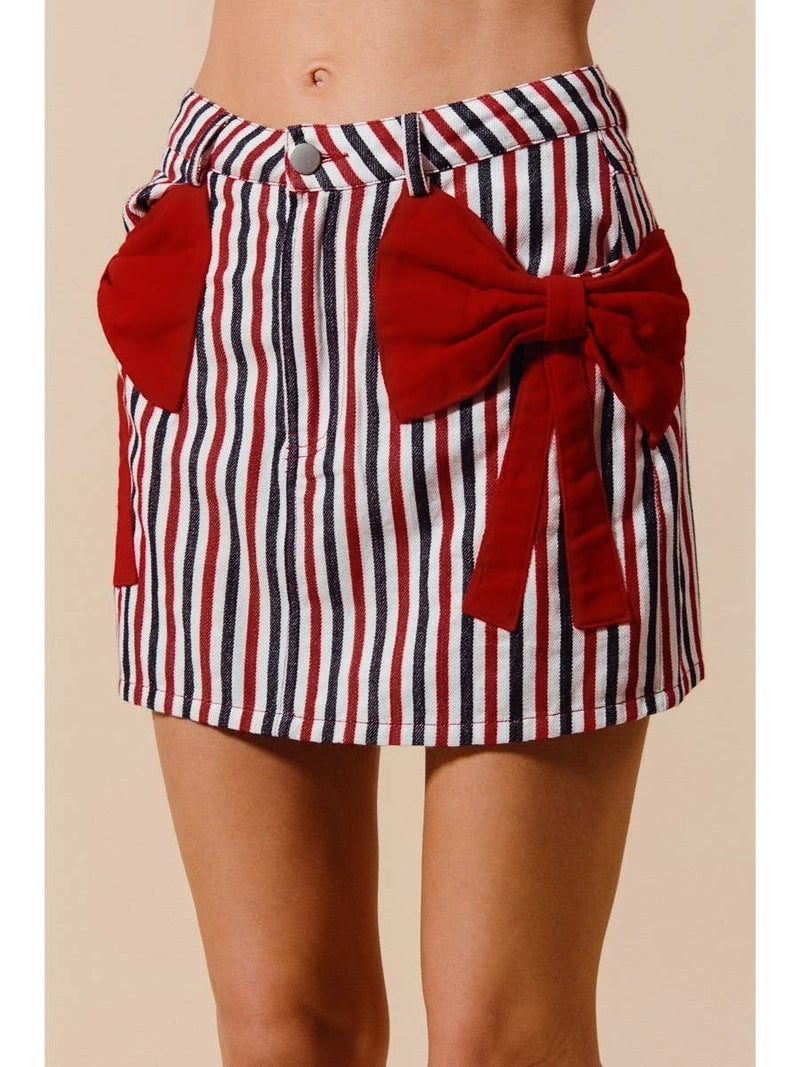 Colorblock Stripe Patriotic Bow Denim Skirt