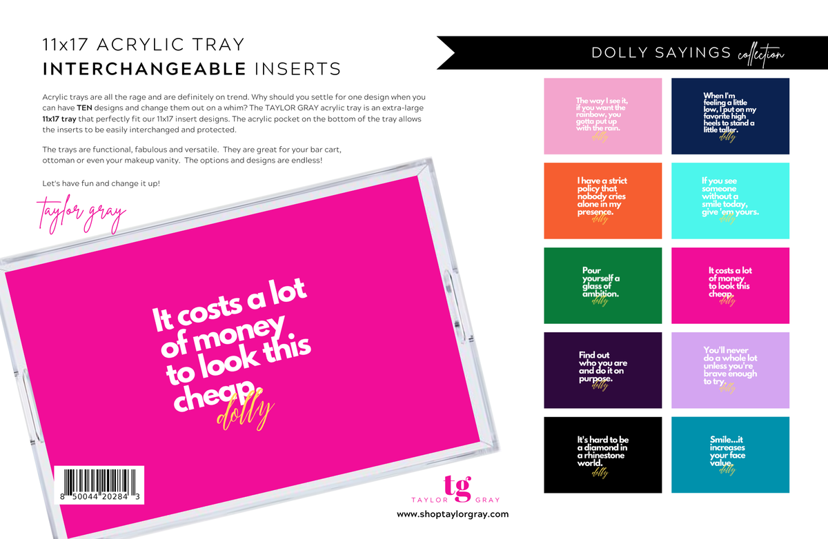 Acrylic tray with interchangeable inserts featuring colorful text designs on a white background.