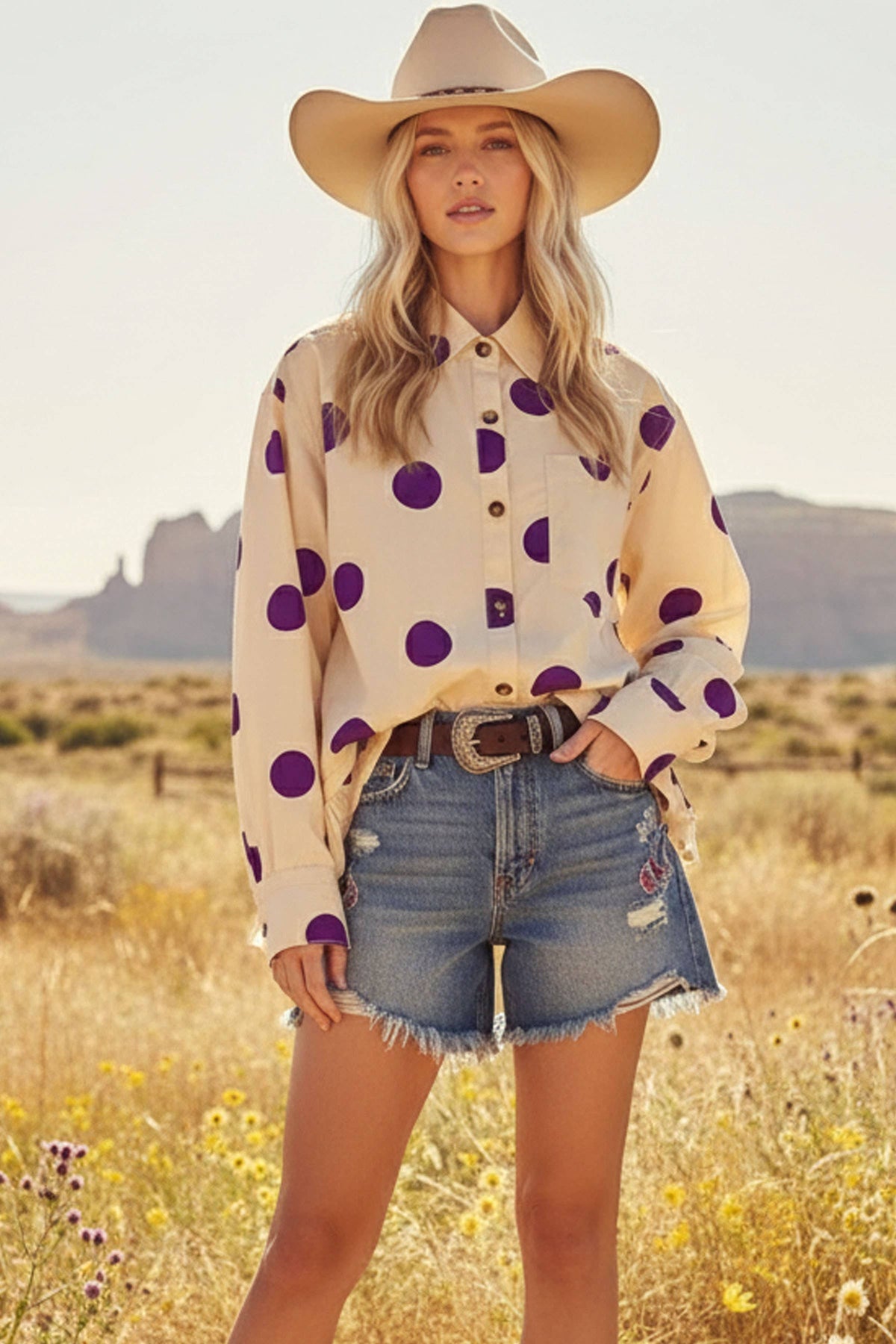 Woman wearing a polka dot shirt and denim shorts with a cowboy hat in a desert setting