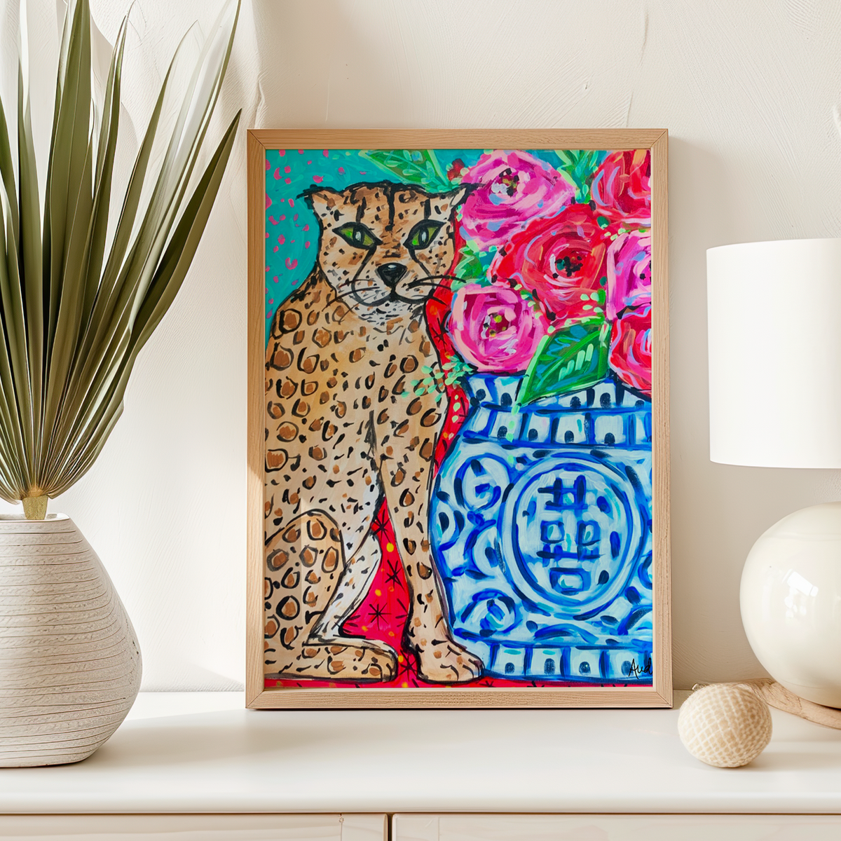 Leopard Print Floral Art Print, Cheetah Maximalist Art, Dopamine Decor, Trendy Colorful Wall Poster