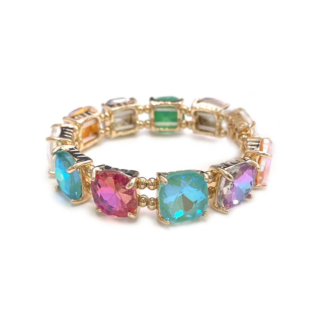 Cushion Cut Glass Crystal Linked Stretch Bracelet
