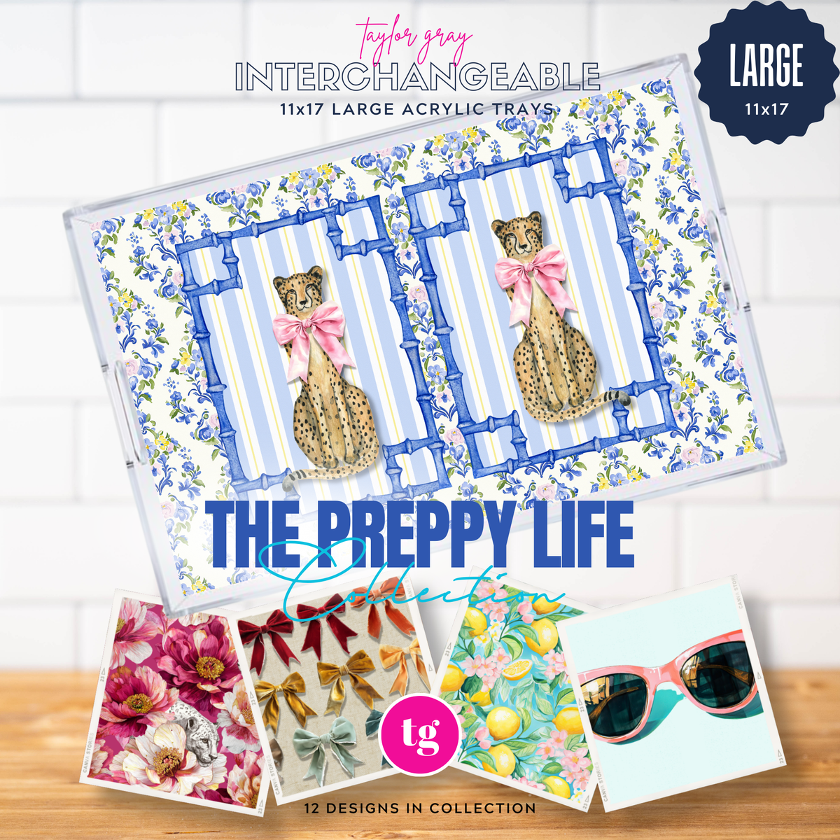 Acrylic trays with preppy design featuring leopards, bows, and sunglasses on a white background.