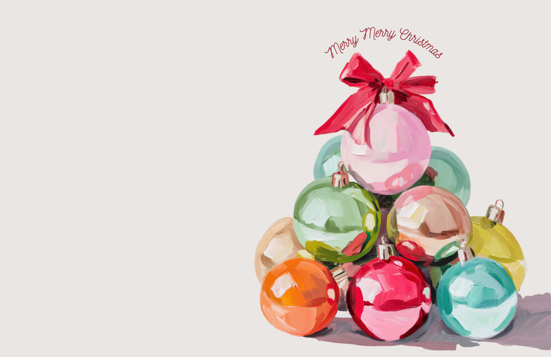Colorful Christmas ornaments with a red bow on a light background
