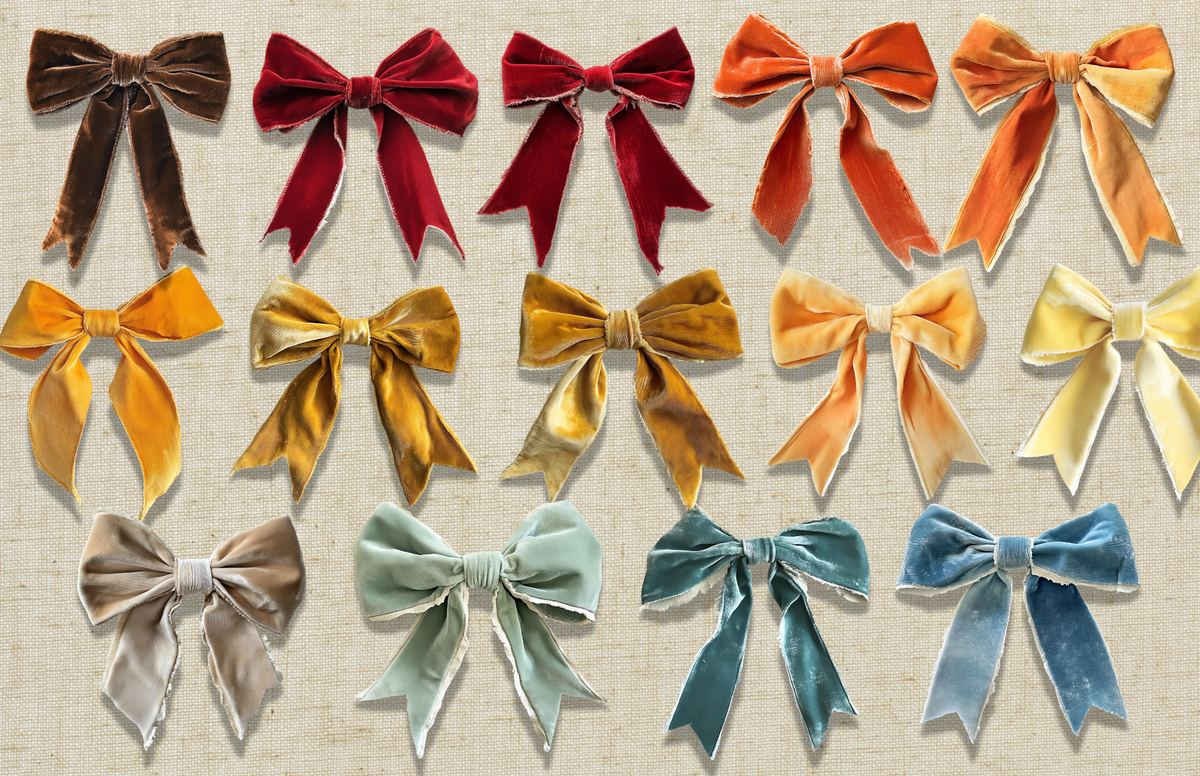 Collection of colorful velvet bows on a textured background