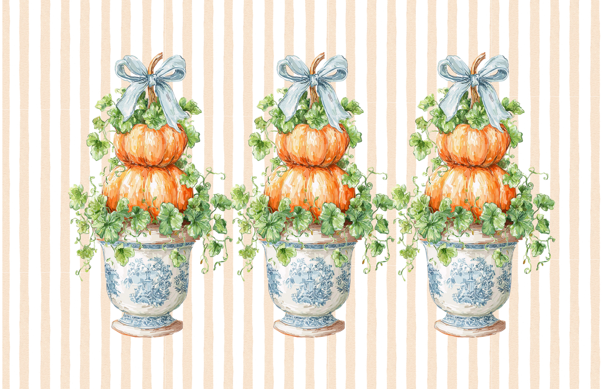 Three stacked pumpkin topiaries with greenery and blue ribbons in decorative urns on a striped background.
