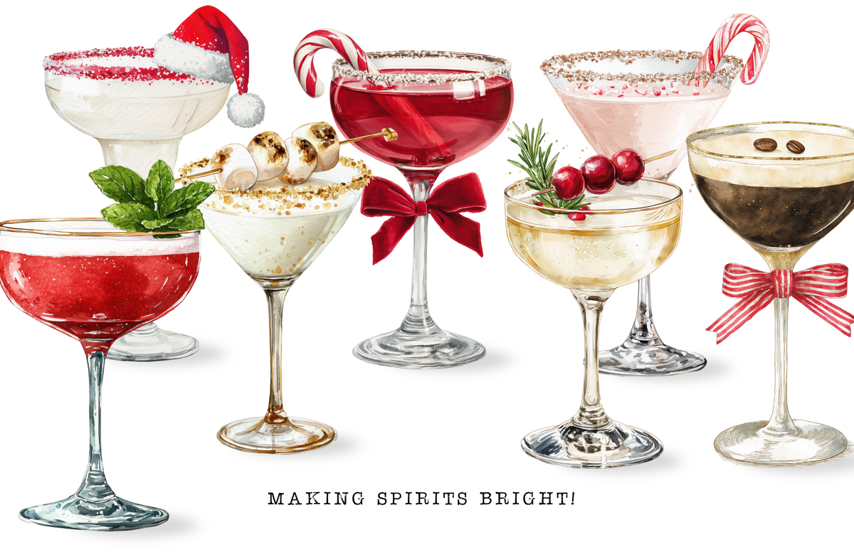 Assorted holiday cocktails with decorative elements on a white background