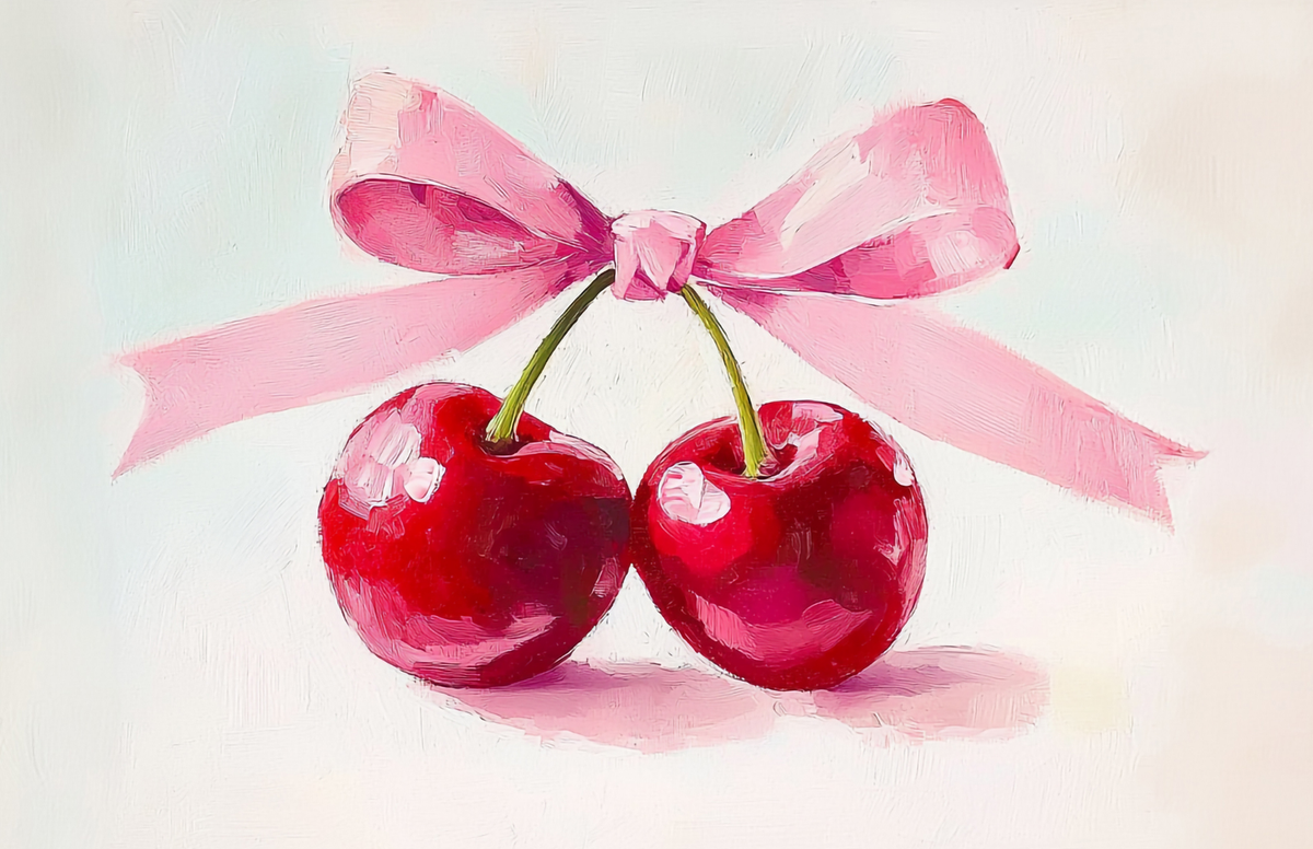 Two cherries tied with a pink ribbon on a light background