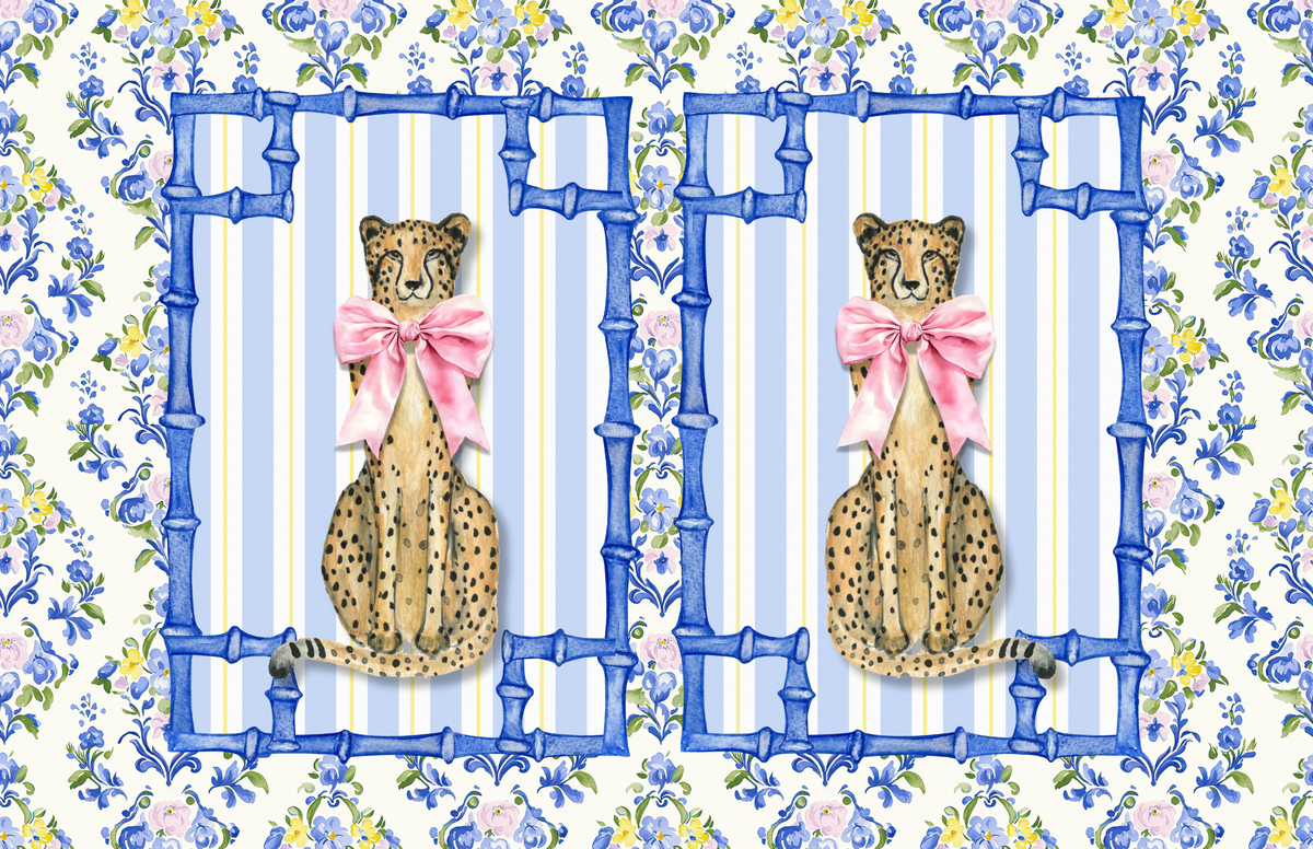 Two leopards with pink bows behind a blue fence on a floral background