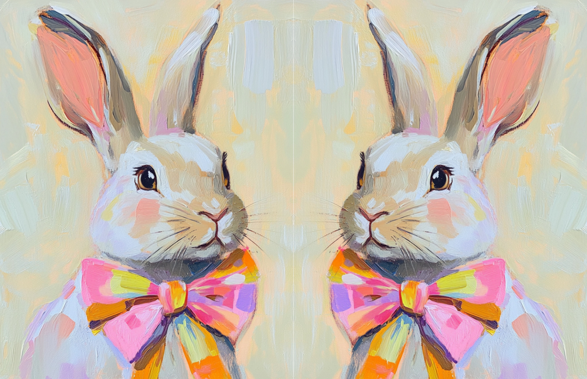 Two rabbits wearing colorful bow ties on a light background