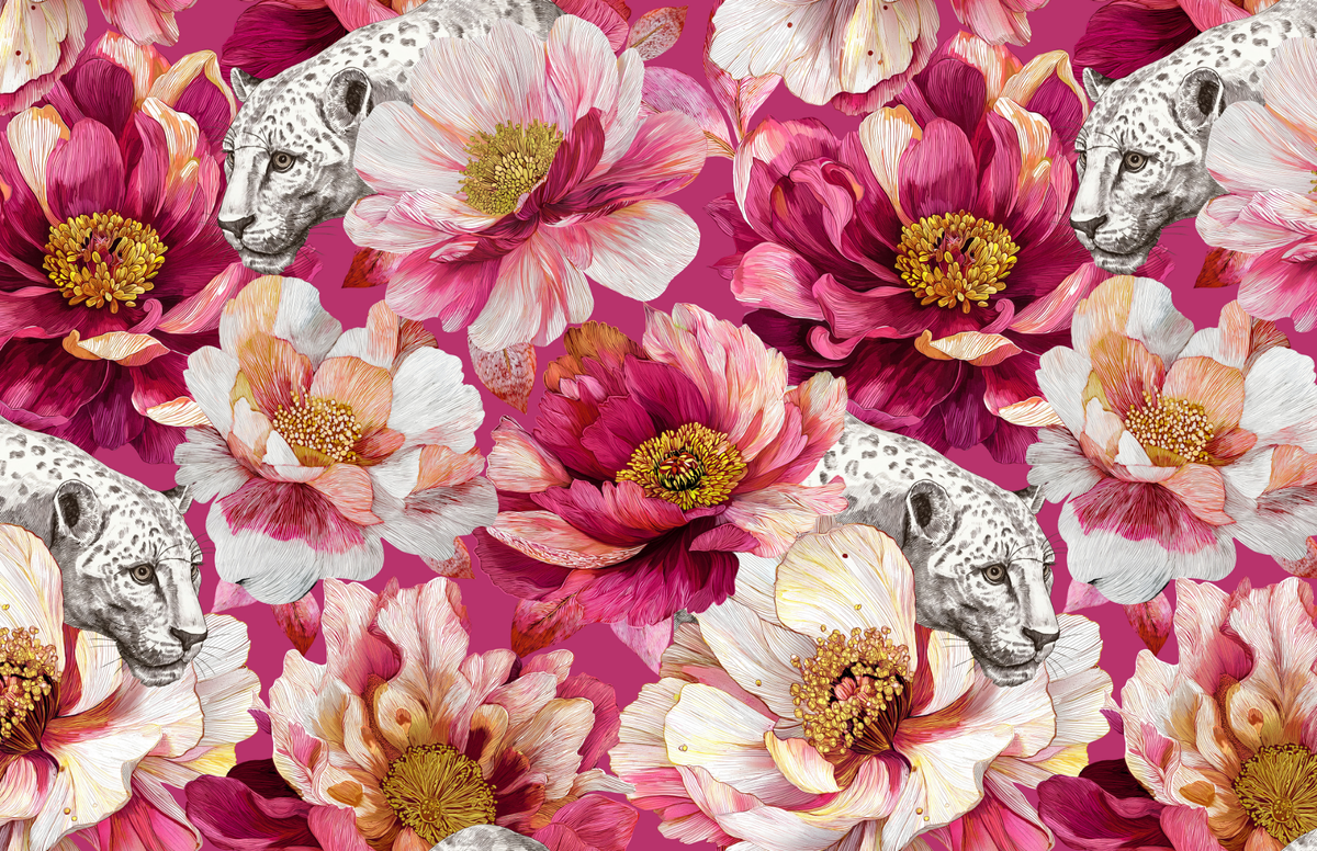Pattern of flowers and animal heads on a pink background
