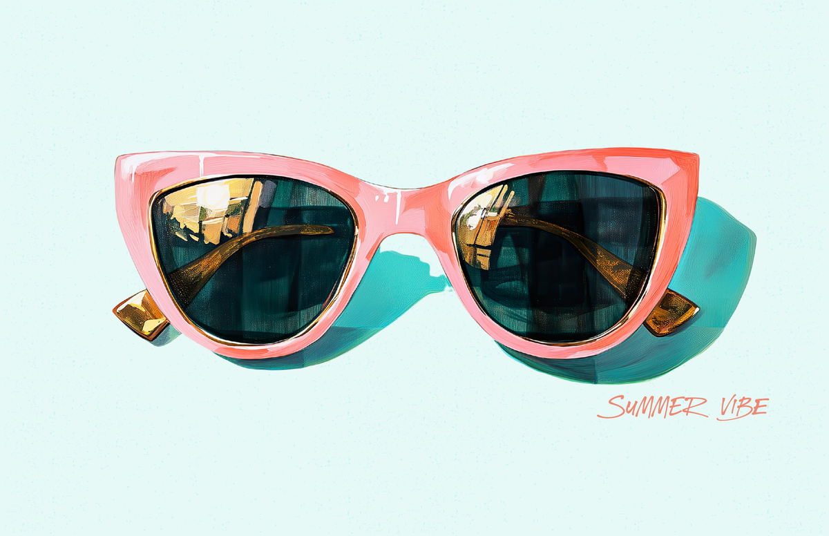 Pink sunglasses with gold accents on a light blue background, labeled 'Summer Vibe'.