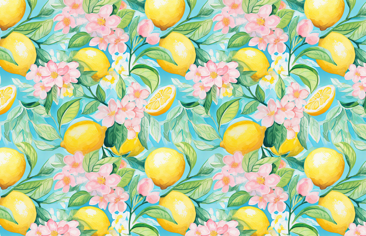 Pattern of lemons, flowers, and leaves on a blue background