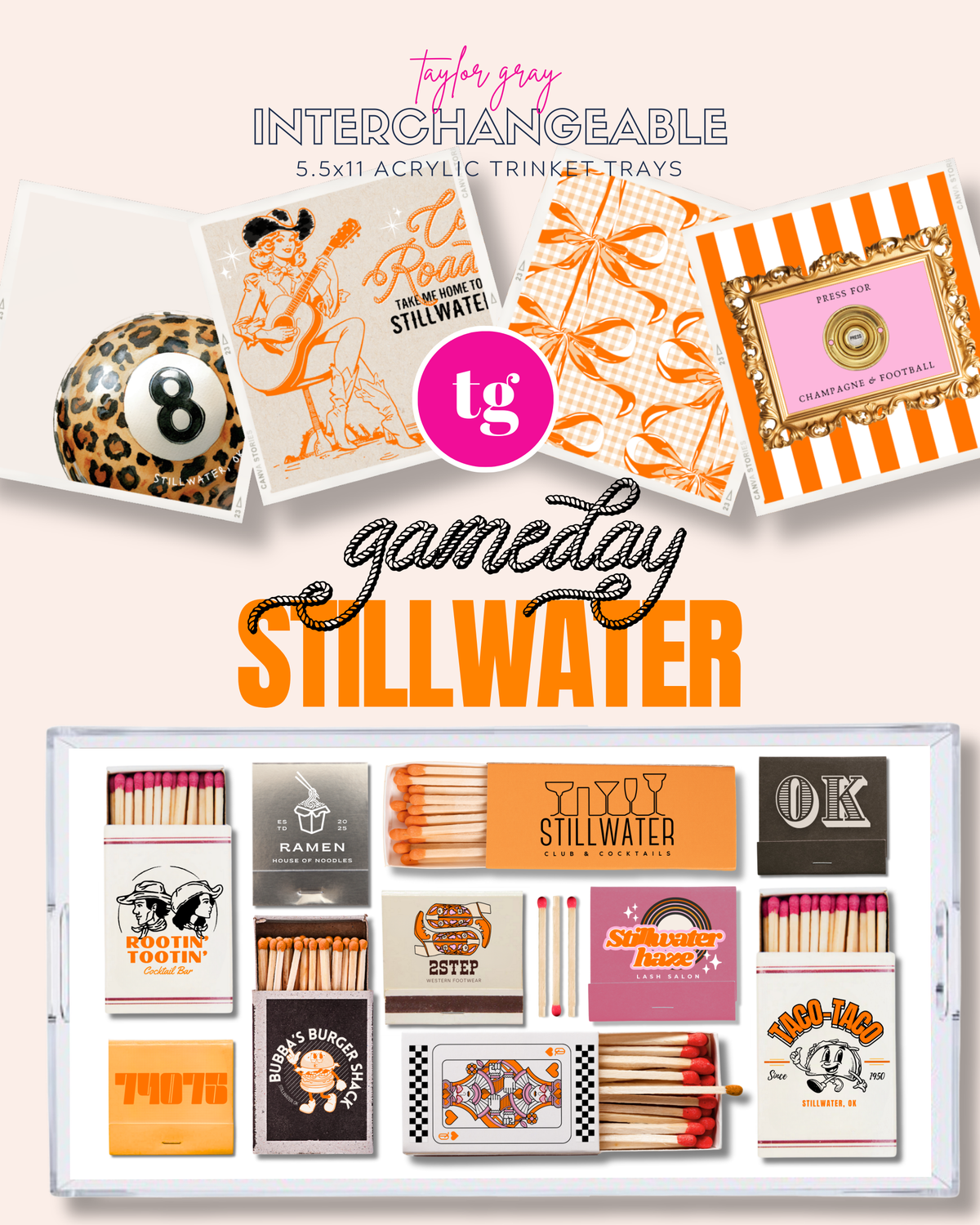 Gameday Stillwater interchangeable acrylic trinket trays with various designs and branding.