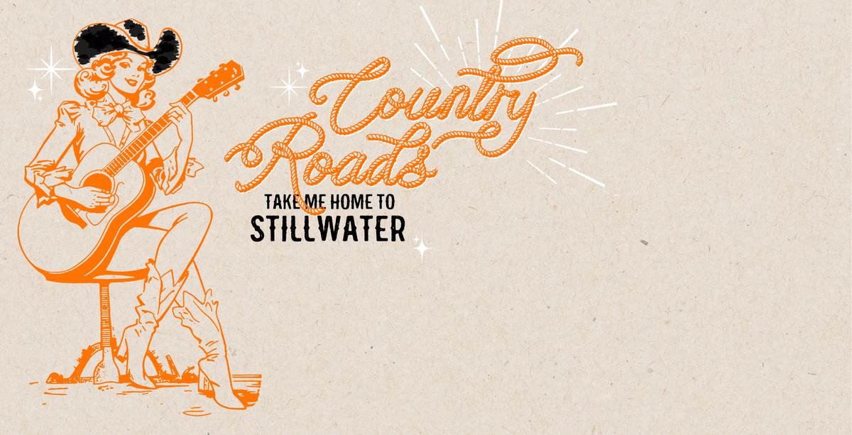 Illustration of a person playing guitar with text 'Country Roads Take Me Home to Stillwater' on a beige background.