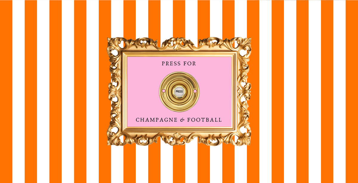 Decorative button with 'Press for Champagne & Football' text on a pink background, framed in gold, against an orange and white striped background.